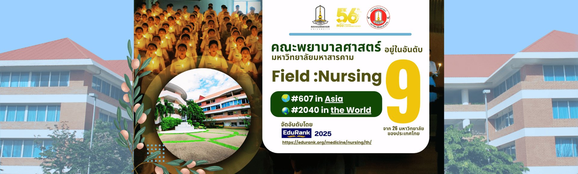 คณะพยาบาลศาสตร์ มหาวิทยาลัยมหาสารคาม เดินหน้าสู่ความเป็นเลิศทางการศึกษา ล่าสุดไต่ขึ้นสู่อันดับ 9 ของประเทศไทย ในสาขาพยาบาลศาสตร์