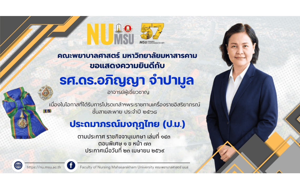 คณะพยาบาลศาสตร์ มหาวิทยาลัยมหาสารคาม ขอแสดงความยินดีกับ รองศาสตราจารย์ ดร. อภิญญา จำปามูล อาจารย์ผู้เชี่ยวชาญ เนื่องในโอกาสที่ได้รับโปรดเกล้าฯ พระราชทานเครื่องราชอิสริยาภรณ์ ชั้นสายสะพาย ประจำปี ๒๕๖๘ "ประถมาภรณ์มงกุฎไทย (ป.ม.)" ตามประกาศ ราชกิจจานุเบกษา เล่มที่ ๑๔๓ ตอนพิเศษ ๑ ข ประกาศเมื่อวันที่ ๒๓ เมษายน ๒๕๖๙